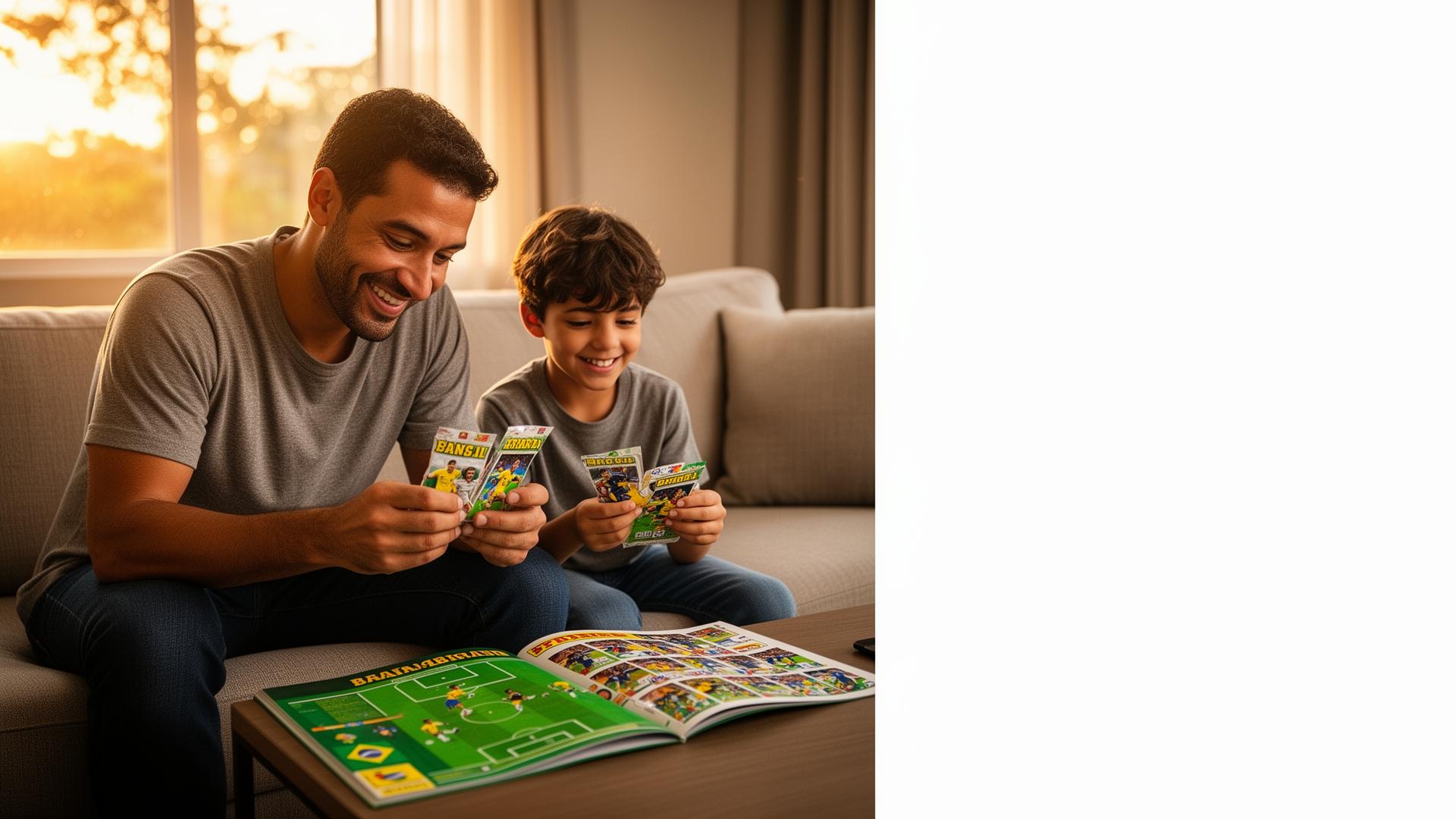 Família abrindo pacotes de figurinhas
